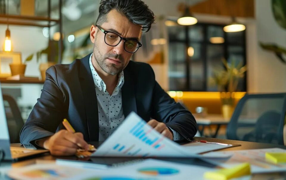 a focused business consultant meticulously analyzes graphs and financial statements on a sleek conference table, surrounded by modern office decor, highlighting the process of evaluating a business for sale.