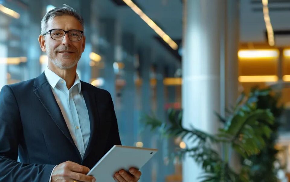 a confident business broker stands in a sleek, modern office, presenting a clear and detailed market analysis on a digital tablet, emphasizing professionalism and trustworthiness in a vibrant and engaging atmosphere.