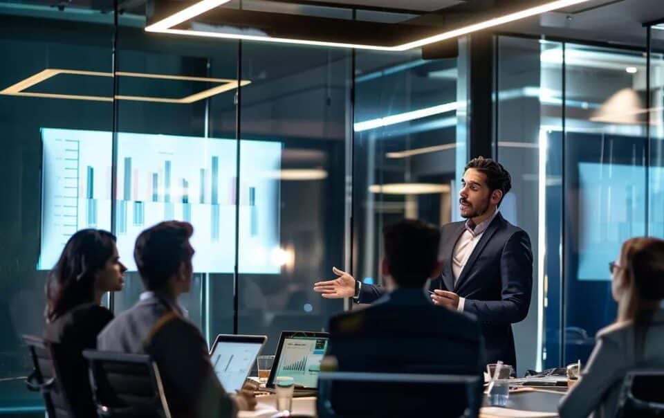 a professional business broker confidently presents a detailed market analysis to a diverse group of engaged entrepreneurs in a sleek, modern office conference room, illuminated by bright overhead lights amplifying the atmosphere of strategic collaboration.