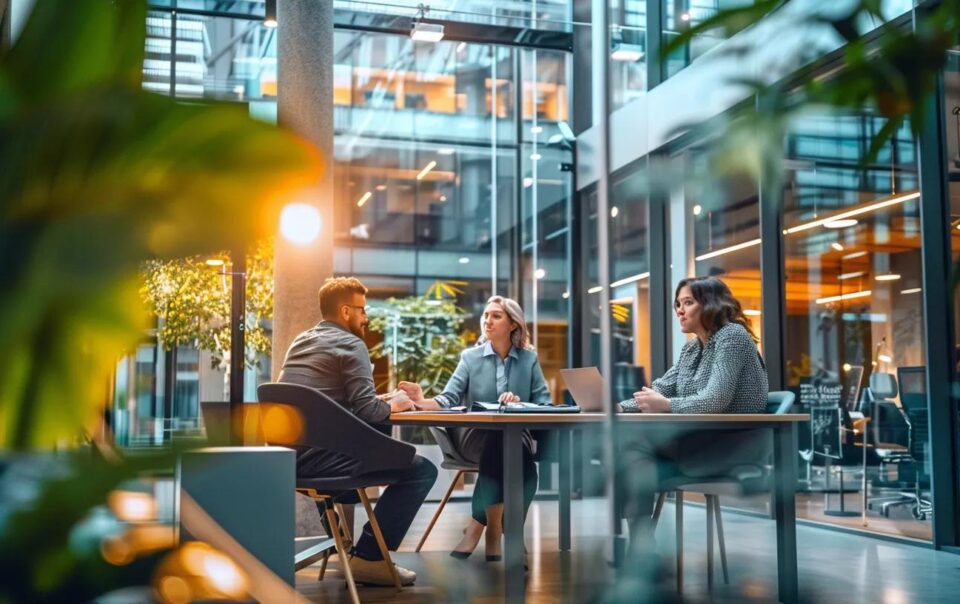 a modern, sleek office environment showcases a professional broker engaging with clients over a digital presentation that highlights local business opportunities, illuminated by bright, focused overhead lighting.
