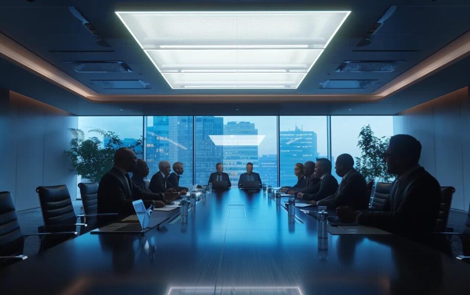 a polished conference room with a large table, where a diverse group of business professionals engage in a dynamic discussion, illuminated by sleek overhead lighting, conveying a sense of strategic planning and collaboration for maximizing profits through broker services.