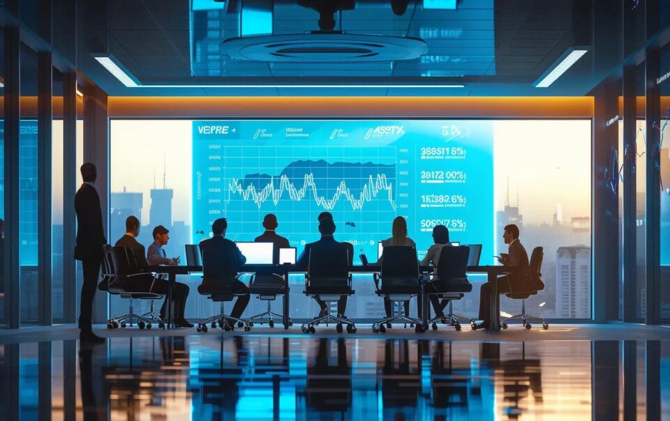 a sleek, modern office environment features a glossy conference table surrounded by attentive professionals engaged in a discussion about business broker fees, with analytical charts displayed on a large screen in the background.