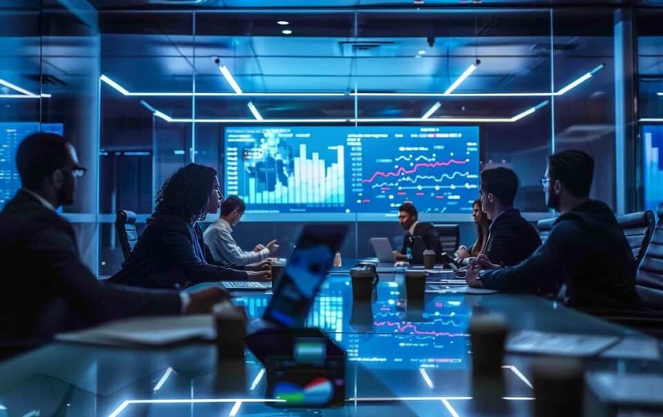a sleek, modern office conference room filled with professional individuals engaged in a dynamic discussion over a digital presentation comparing local and national business brokerage options, illuminated by bright overhead lighting and featuring a large screen displaying compelling graphs and statistics.