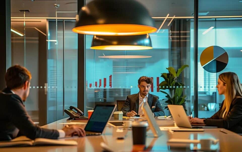 a sophisticated office environment featuring a business broker engaged in a dynamic discussion with clients over a large modern table, surrounded by charts and graphs illustrating various commission structures, all illuminated by sleek overhead lighting that highlights the seriousness of the transaction.