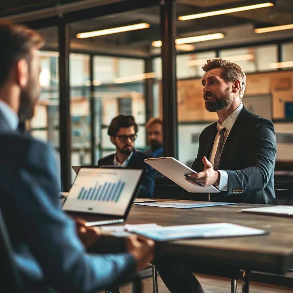 Business professionals in a meeting discussing strategies, with a laptop displaying a growth chart, emphasizing business valuation and retention strategies.