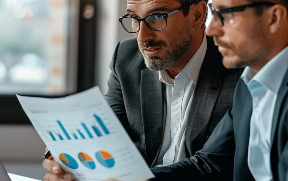 Two business professionals analyzing financial charts and graphs during a meeting, emphasizing strategic discussions relevant to maximizing business sale prices.