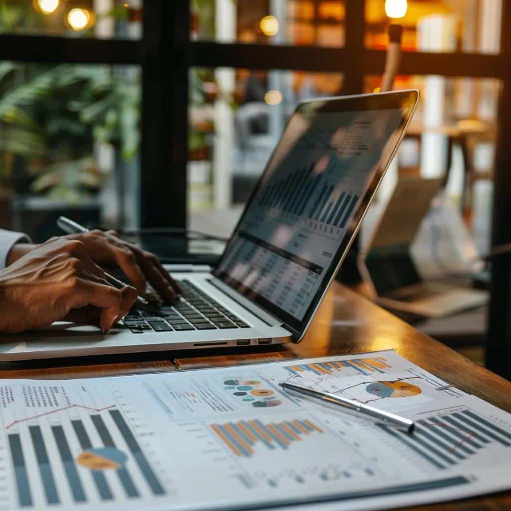 Person analyzing business data on a laptop, with financial charts and graphs on a desk, illustrating valuation strategies for business sales in Phoenix.