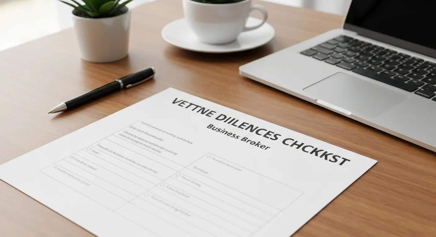 Due diligence checklist for business brokers on a wooden desk with a laptop, pen, and potted plant.