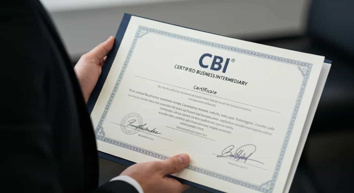 Certificate for Certified Business Intermediary (CBI) held by a professional, emphasizing qualifications for business brokerage.