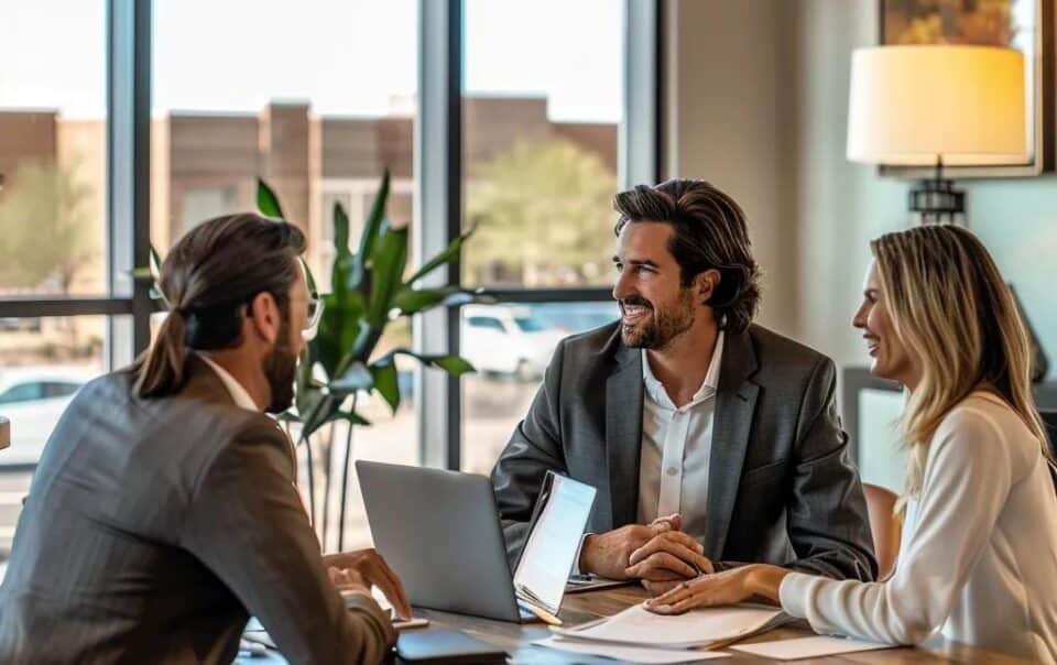 Professional business broker engaging with clients in a modern Phoenix office