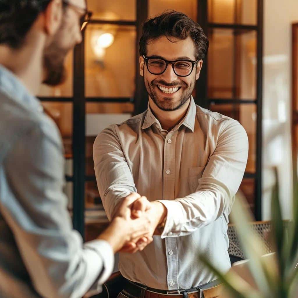 Two business professionals shaking hands in an office setting, illustrating successful client relationships and trust in business transactions.