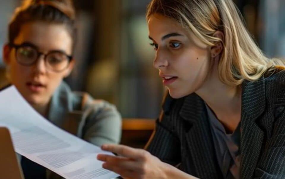 Two women discussing business documents, emphasizing collaboration and decision-making in a professional setting related to business valuation and brokerage.