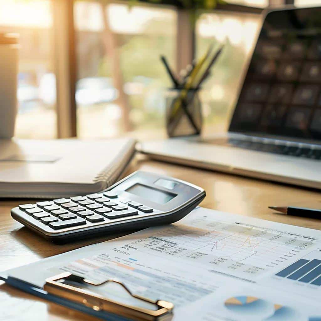 Calculator on desk with financial documents and a laptop, illustrating business valuation and brokerage services.