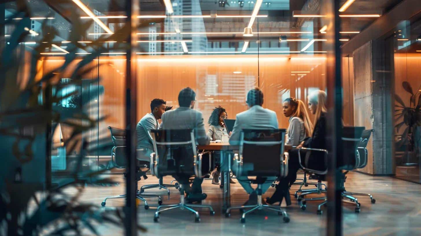 Business professionals in a modern conference room discussing strategies for selling businesses, highlighting the role of business brokers versus independent sales.