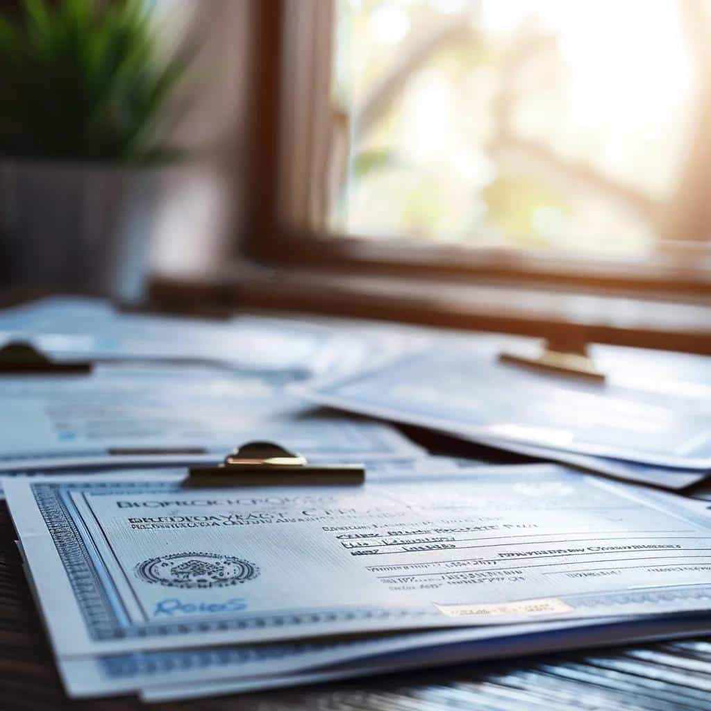 Certificates and documents on a wooden table, symbolizing licensing and certification for Phoenix business brokers, with natural light from a window in the background.