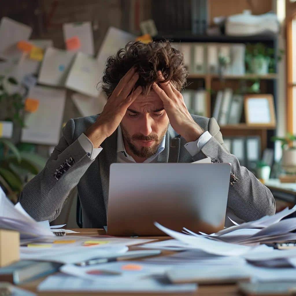 Frustrated businessman in a suit, overwhelmed by paperwork and focused on laptop, representing the challenges of independently selling a business.