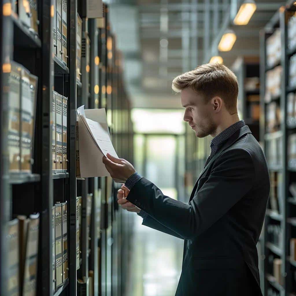 Business professional reviewing documents in a modern archive, emphasizing diligence and confidentiality in business valuation processes.