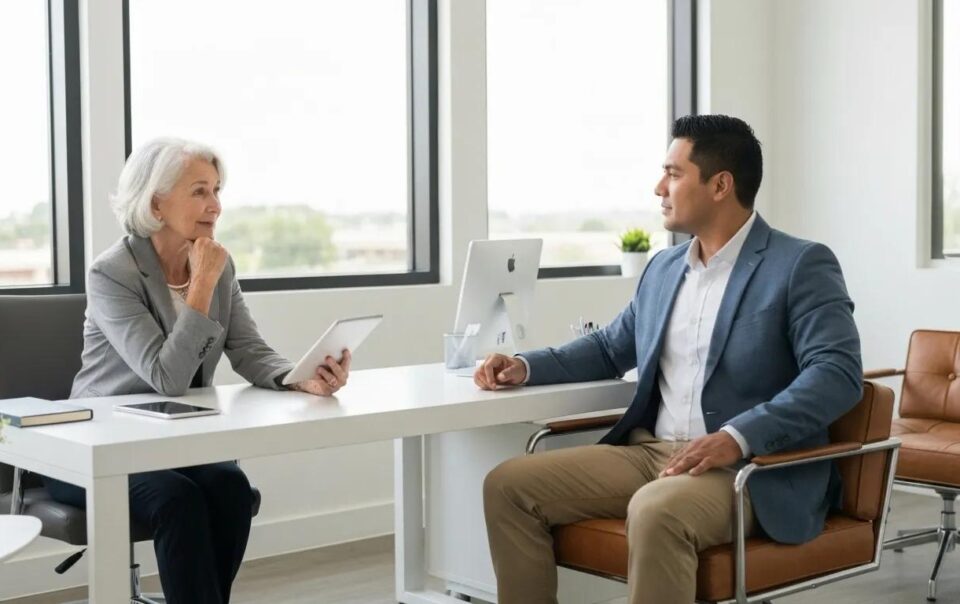 Business professionals in a modern office setting discussing business brokerage services, with one person holding a tablet and the other seated at a desk with a computer, emphasizing the consultation process.