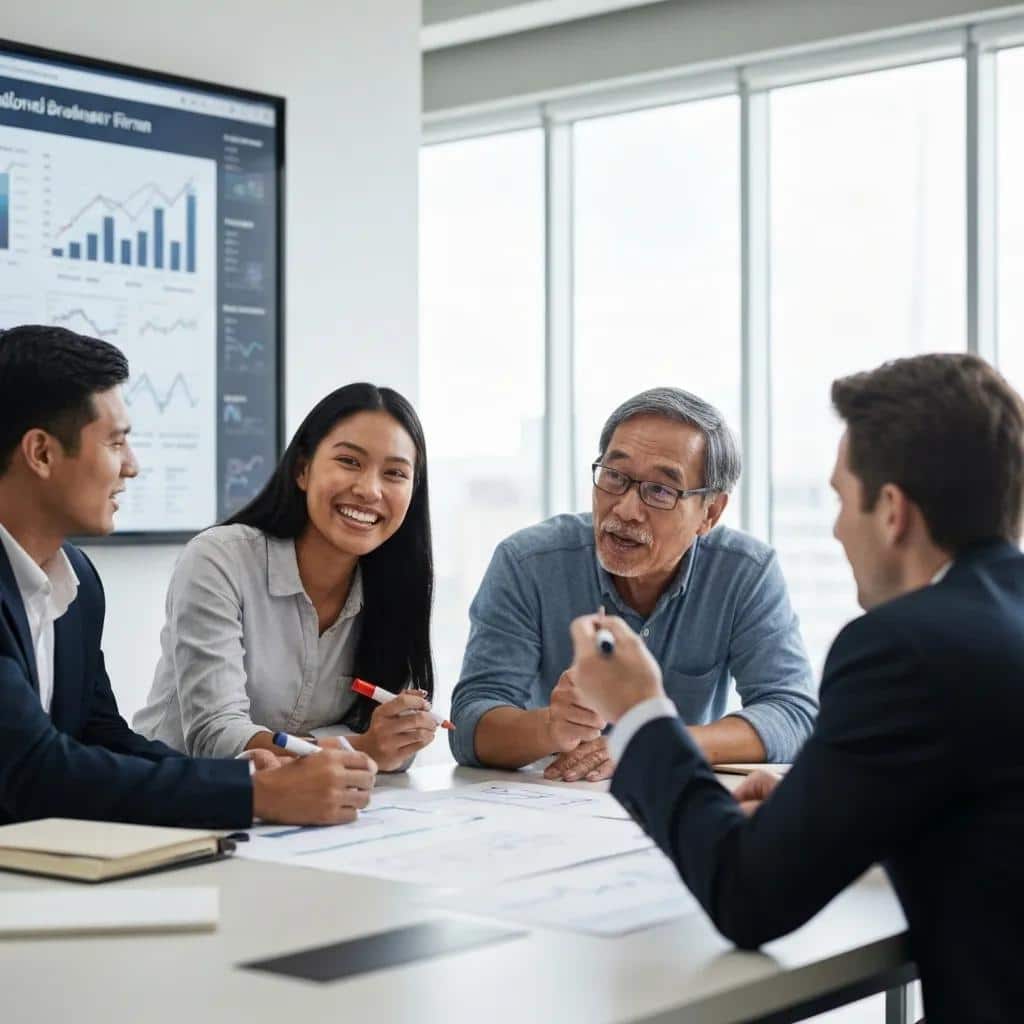 Group of diverse professionals engaged in a business meeting, discussing strategies for national brokerage services, with charts and graphs displayed on a screen in the background.