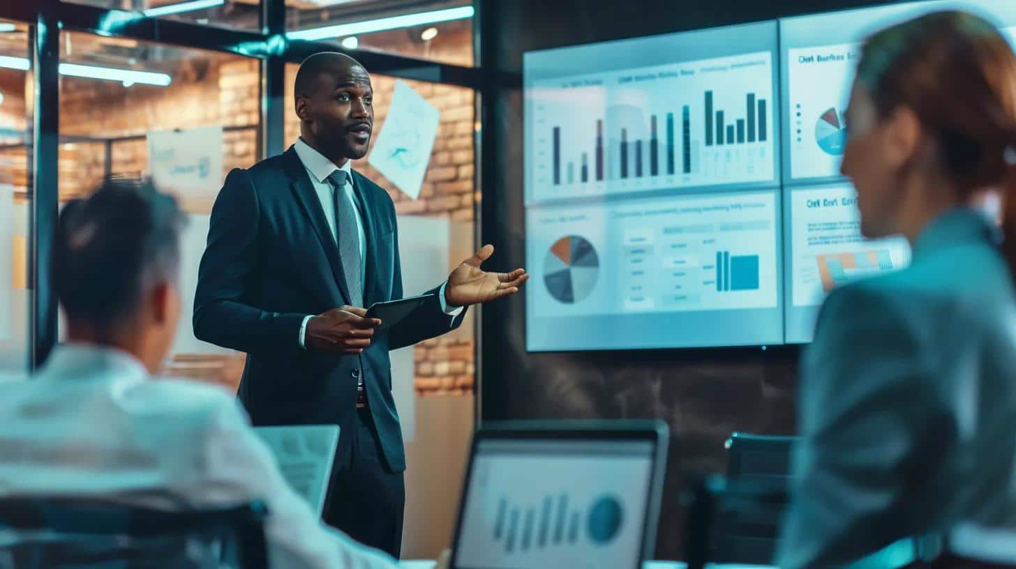 Business professional in a suit presenting financial charts and graphs on a large screen to colleagues in a conference room.