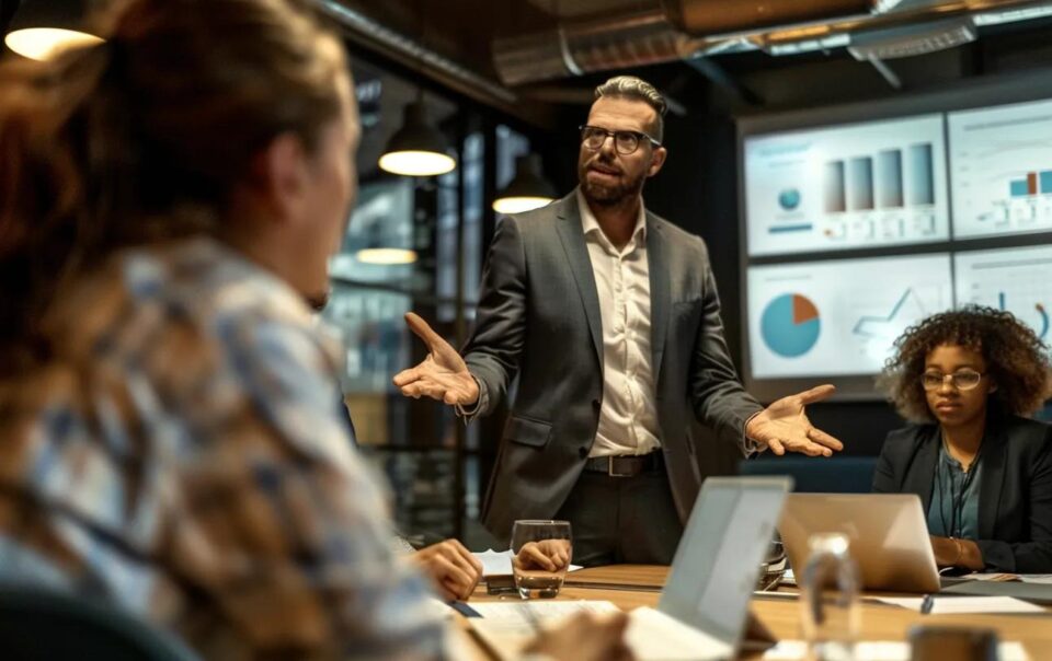 a professional business broker confidently presents a detailed market analysis to a diverse group of engaged entrepreneurs in a sleek, modern office conference room, illuminated by bright overhead lights amplifying the atmosphere of strategic collaboration.
