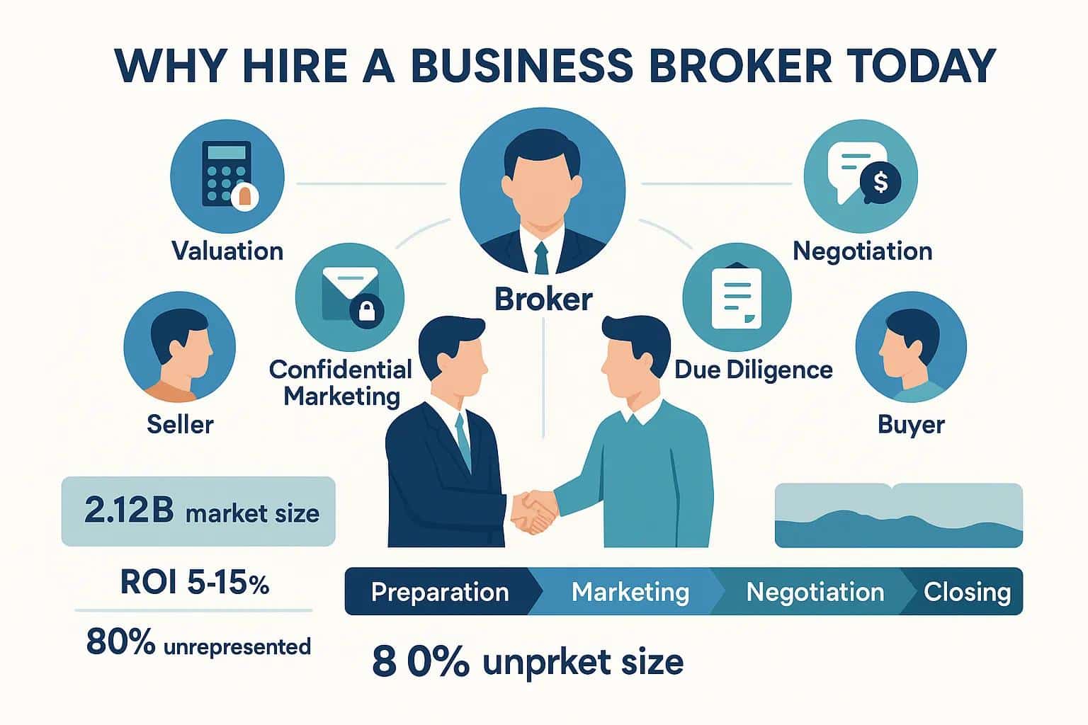 Infographic illustrating the role of a business broker with sections on valuation, confidential marketing, negotiation, and due diligence, featuring icons representing key services and a handshake between a seller and buyer.